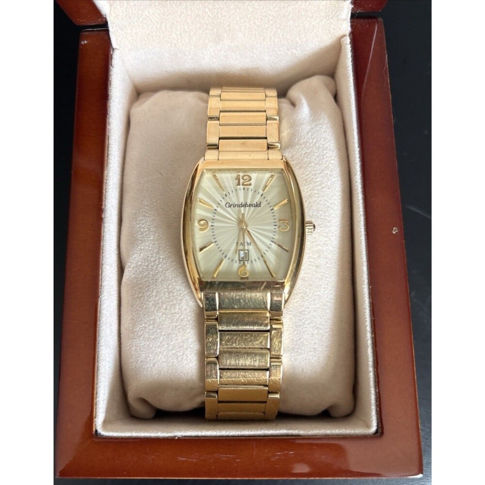 Grindelwald Private Label Day Date Gold Tone Stainless Steel Watch Needs Battery